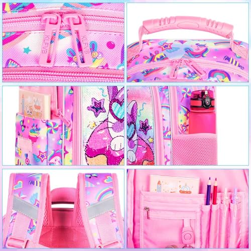 gxtvo 3PCS Girls Backpack, 16" Sequin Prechool Elementary Bookbag and Lunch Box - color: Upgraded Cat Pink