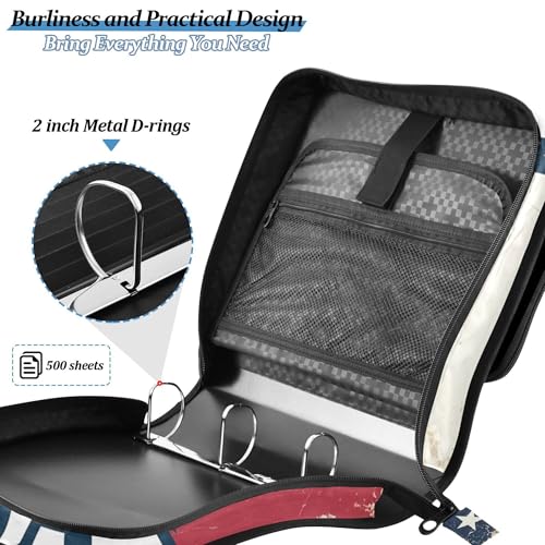 American Flag Zipper Binder with Shoulder Strap, 500 Sheets Capacity, Multiple Pockets 1.5Inch 3 Ring Zipper Binder - color: American Flag