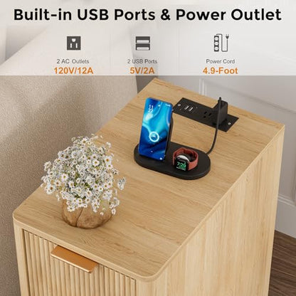 Homleke Narrow End Table with Fluted Drawer & Charging Station | Compact Nightstand with USB Ports & Outlets, Bedside Table for Bedroom, Living Room, Modern Accent Table, Natural - color: Natural