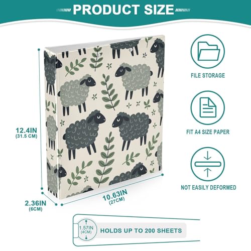 3 Ring Binder with Clipboard, D Rings Holds 200 Sheets, Heavy Duty Binders Folder for School Office, Waterproof PVC Cover with 3 Interior Clear Pockets, Darkgray Sheeps