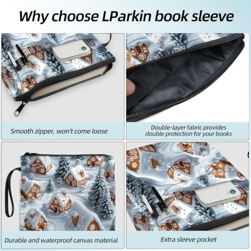 Padded Book Sleeve with Zipper & Front Pocket, Fabric Book Cover | Christmas Gingerbread House11.4"x8.7" Washable Canvas Pouch for Hardcovers, Tablets & Reading Accessories - color: Christmas Gingerbread House