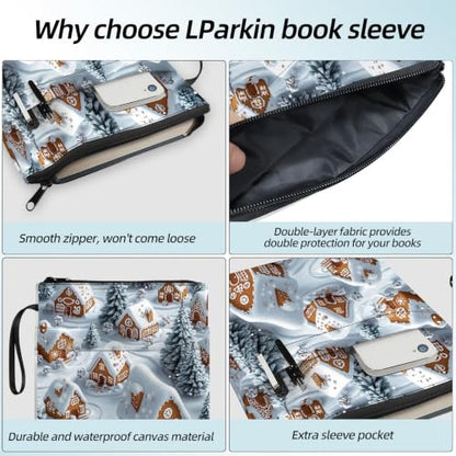 Padded Book Sleeve with Zipper & Front Pocket, Fabric Book Cover | Christmas Gingerbread House11.4"x8.7" Washable Canvas Pouch for Hardcovers, Tablets & Reading Accessories - color: Christmas Gingerbread House