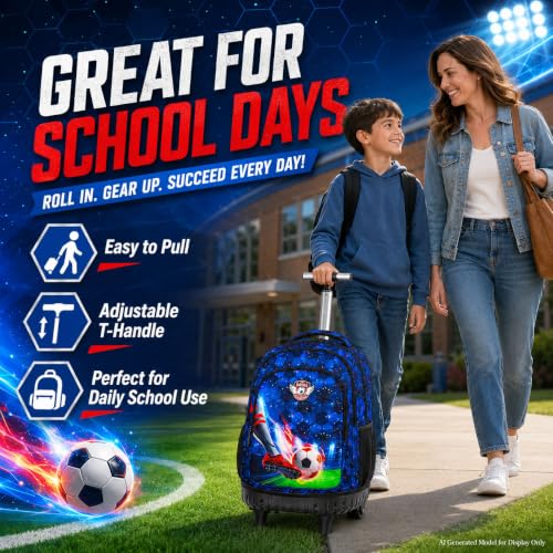 CCJPX 3PCS Rolling Backpack for Boys, 21 Inch Soccer Water Resistant Backpacks with Roller Wheels, Football Wheeled Bookbag for Teens Elementary School Travel-Blue - color: Rolling Soccer Black