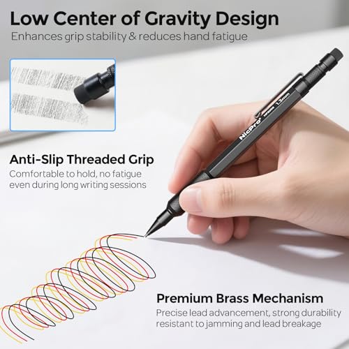 Nicpro 3 PCS 1.3 mm Blacke Mechanical Pencils Set with 48 Lead Refill, 3 Eraser - Weatherproof Metal Barrel, Heavy Duty Carpenter Pencil MP2000 for Outdoor Marking Drafting Drawing Woodworking - style: 3 Pack (Black)