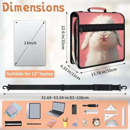 Rabbit Pink Zipper Binder, 3 D-Ring Expanding File Folder with Handle & Adjustable Shoulder Strap, 400 Sheets Capacity Multi-Pocket Organizer for 13 Inch Laptop - color: Rabbit Pink