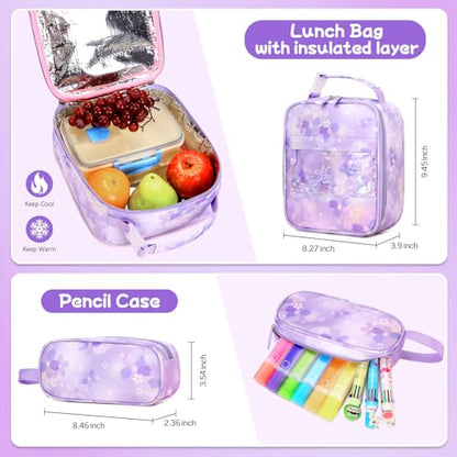 Jafeton Backpacks for Girls, Girls Backpack with Insulated Lunch Bag and Pencil Case for Kids Teens Elementary Middle High School Student, Cute Bow School Bag Travel Daypacks Book Bag Set - color: Purple