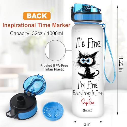 Hyturtle Personalized Black Cat Water Bottle - 32oz Motivational Water Bottle with Leak-Proof Lid & Time Marker - Custom Name Gift for Black Cat Lovers, Women, Girls - Birthday & Christmas Gift - color: Cat