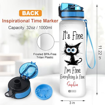 Hyturtle Personalized Black Cat Water Bottle - 32oz Motivational Water Bottle with Leak-Proof Lid & Time Marker - Custom Name Gift for Black Cat Lovers, Women, Girls - Birthday & Christmas Gift - color: Cat