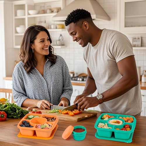 Original Lunchable Snack Containers - 5 Compartments Bento Snack Boxes with 1 Leakproof Small Containers, Wheat Straw, BPA-Free, Set of 2 (Cyan+Orange) - color: Cyan+Orange