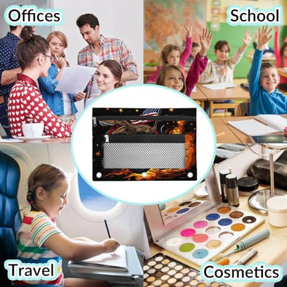 Truck Dinosaur Pencil Pouch for 3 Ring Binder American Flag Pencil Case Bag with Clear Window Zipper Pockets for Kids Girls Boys Students School College Supplies 2 Pack - color: Red Orange