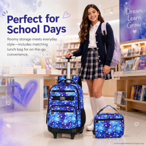 3Pcs Rolling Backpack for Girls, 19 Inche Women Roller Bag with Wheels for Adults, Wheeled Bookbag with Lunch Box(Blue) - color: Blue Love