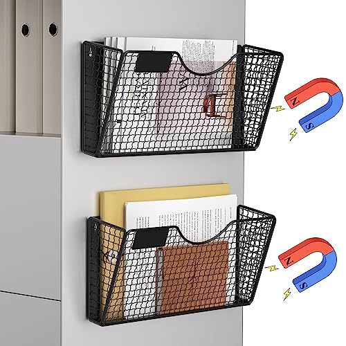 MFTEK Magnetic File Holder, 2 Pockets Magnetic File Folder Holder No Drilling Magnet Paper Mail Organizer Magazine Basket, Hanging Wall Storage Rack for Fridge Cabinets Office Classroom - color: Black, size: 2 Pack