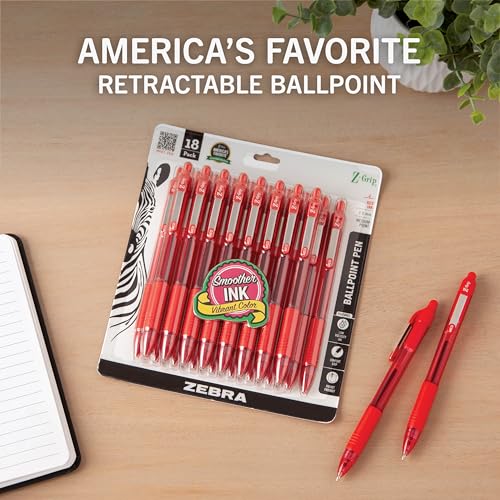 Zebra Pen Z-Grip Retractable Ballpoint Pen, Red Ink, 1.0mm, 18-Pack | Smooth Writing, Medium Point Tip, Ideal for Planners, Note-Taking, School and Office Supplies, and Everyday Writing (22318) - color: Red C