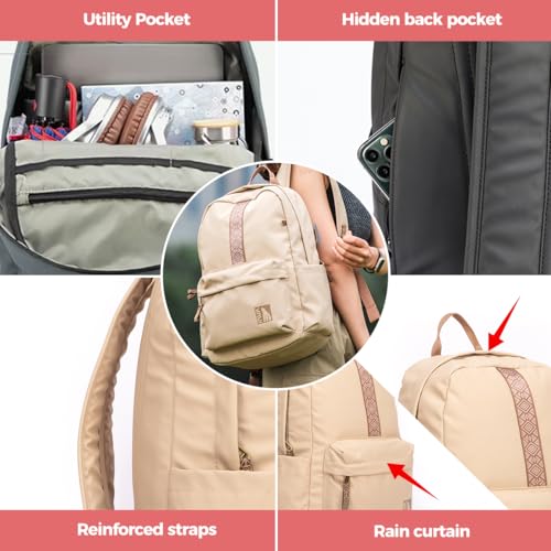 INUK Geometric Stripe Laptop Backpack, 13 Inch Water Resistant Backpack for College & Work, Recycled Travel Daypack Made from 24 Plastic Bottles, with Hidden Pocket & Luggage Strap, Milky Moka - color: Milky Moka