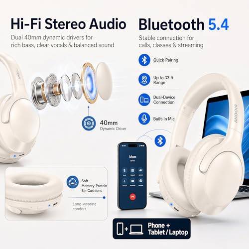 MIDOLA Bluetooth Headphones Over Ear, 68H Playtime Wireless Headphones with Microphone, 6 EQ Modes, HiFi Stereo Deep Bass, Foldable Lightweight Headset for Home Office, Cellphone, PC, White - color: Milk White