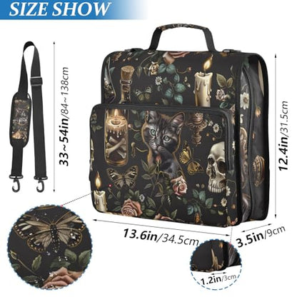 3 Ring Zipper Binder with Shoulder Strap Black Skulls Cats Gothic Style Binder Bag - color: Multicolored 01