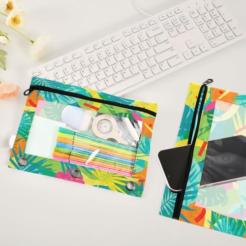 Blueangle Tropical Leaves Pencil Pouch for 3 Ring Binder, 2 Pack Clear Window Zipper Pencil Bags for Office