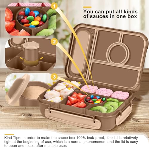 Amathley Bento Box Adult Lunch Box Kids,Lunch Containers for Adults/Kids/Toddler,5 Compartments Bento Lunch Box with Sauce Vontainers,Microwave & Dishwasher & Freezer Safe,BPA-Free (Brown) - color: Brown