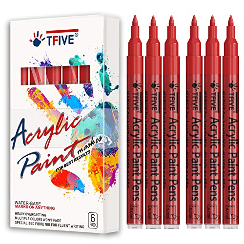TFIVE Red Marker Paint Pens - 6 Pack Acrylic Permanent Marker, 0.7mm Extra Fine Tip Waterproof Red Paint Markers for Art Project, Rock, Ceramic, Glass, Wood, Plastic, Metal, Canvas, DIY Craft - color: Red