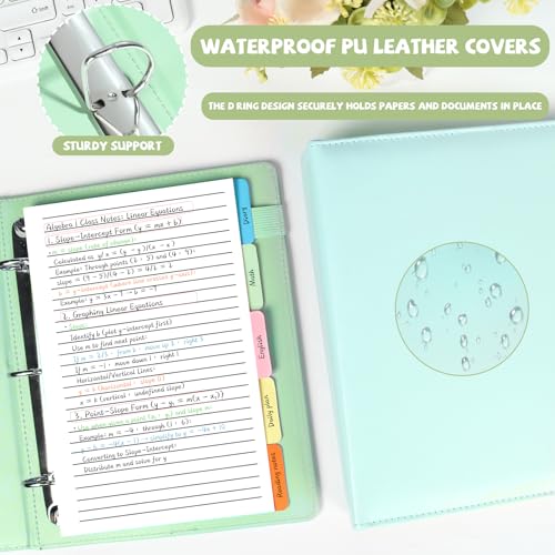 2 Pack Mini Size 3 Ring Binder 1 inch Rings 5 Colors Dividers Pu Leather Binders 5.5" X 8.5" Holds 200 Sheets Paper Three Ring Binder DRing with Pen Loop 1 Pockets School Office (Green&Blue) - color: Green&blue, size: 1"D Ring