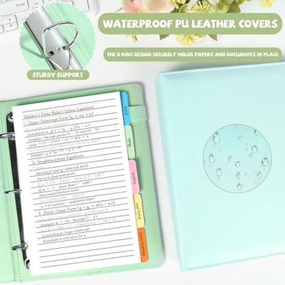 2 Pack Mini Size 3 Ring Binder 1 inch Rings 5 Colors Dividers Pu Leather Binders 5.5" X 8.5" Holds 200 Sheets Paper Three Ring Binder DRing with Pen Loop 1 Pockets School Office (Green&Blue) - color: Green&blue, size: 1"D Ring