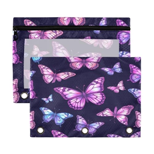 Kcldeci Pencil Pouch for 3 Ring Binder,Purple and Neon Butterflies 2 Pack Binder Pencil Pouch Pencil Bags with Zipper & Reinforced Grommets, Pencil Case for Binder - color: Multicolored-b03