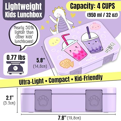 BEARFOOT Kids Lunch Box with Compartments – Compact & Lightweight | Leak-Proof, BPA-Free, Dishwasher Safe | Hand-Drawn Design for Preschool, School, Travel (BubbleTea Purple, 4 Cups) | BPA Free Leakproof Lunch Box with Compartments School & Nursery for Gi