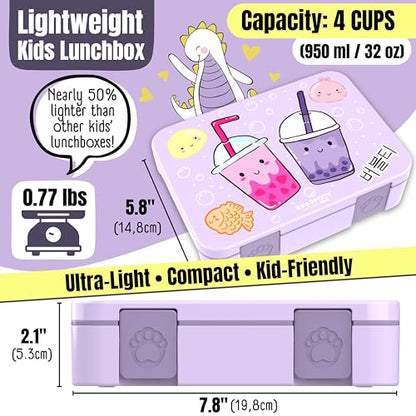BEARFOOT Kids Lunch Box with Compartments – Compact & Lightweight | Leak-Proof, BPA-Free, Dishwasher Safe | Hand-Drawn Design for Preschool, School, Travel (BubbleTea Purple, 4 Cups) | BPA Free Leakproof Lunch Box with Compartments School & Nursery for Gi