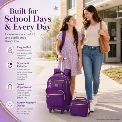 3Pcs Rolling Backpack for Girls Women, 19 Inche Adults Roller Backpacks with Wheels, School Wheeled Bookbag with Lunch Box(Deep Purple) - color: Deep Purple