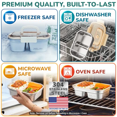 Everusely - Extra Large Stainless Steel Bento Box + Snap Lock Lid - 2 Compartments, 74.5 oz - Hot Food Metal Lunch Box - Leakproof Divided Meal Storage Container- Microwave, Oven, Refrigerator Safe - size: 2200mL
