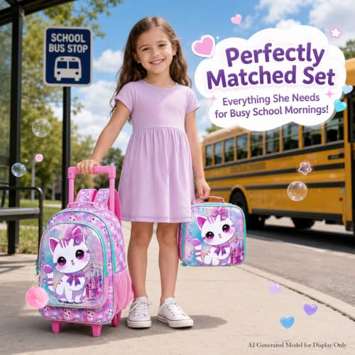 CCJPX 3PCS Rolling Backpack for Girls,Kids Cat Backpacks with Roller Wheels, Wheeled Bookbag with Lunch Box for Toddler Elementary School - color: White Cat