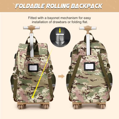 DIGOBAY Camo Rolling Backpack for Boys, 3PCS Tactical Kids Rolling Backpack Set with Lunch Bag & Pencil Case, Boys Wheeled School Bookbag for Elementary, Middle, High School - color: Camouflage Yellow/Green