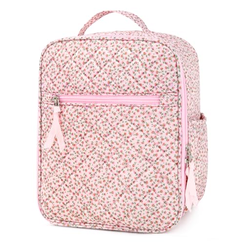 Aileam Lunch Box for Women Cute Lunch Bag Quilted Reusable Insulated Lunch Box Aesthetic Lunch Tote Bags Floral Cotton Lunch Case for Travel Work Picnic (PINK DITSY) - color: PINK DITSY