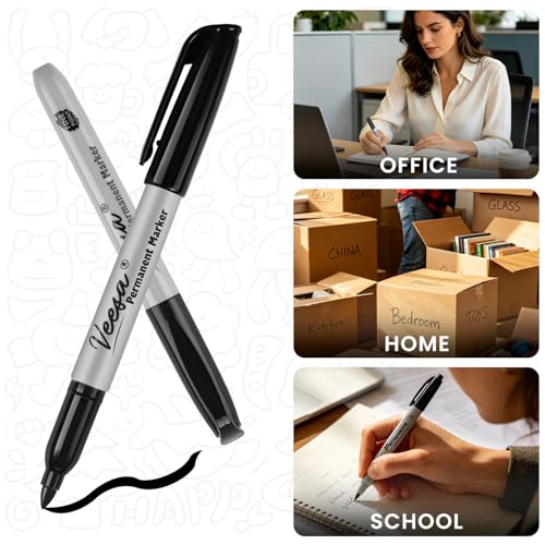 VEESA Black Permanent Markers Fine Tip, 75 Count, Quick Drying | Water- & Fade-Resistant, Marks on Wood Plastic Paper Metal - size: 1 Count (Pack of 75)