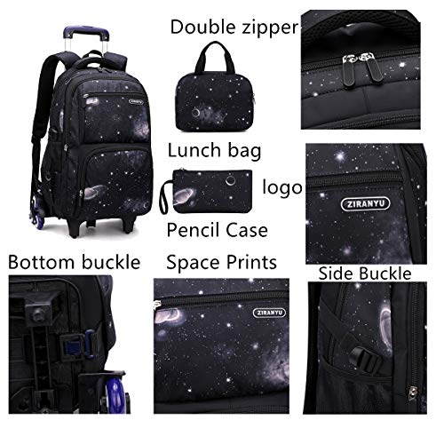 VIDOSCLA Elementary Galaxy Teens Rolling Backpack Kids Boys Luggage with Wheels Trolly BookBag for School-6 Wheels - color: Black Blue-3pcs 6 Wheels, style: 6 Wheels 3pcs