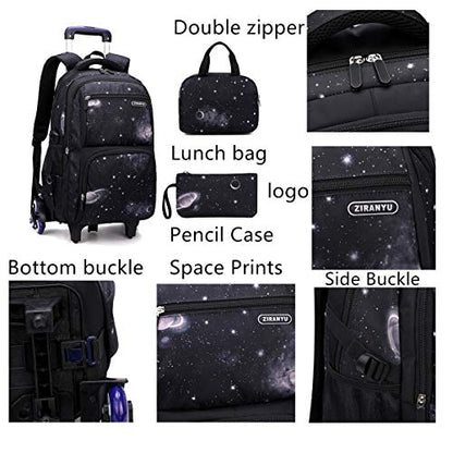 VIDOSCLA Elementary Galaxy Teens Rolling Backpack Kids Boys Luggage with Wheels Trolly BookBag for School-6 Wheels - color: Black Blue-3pcs 6 Wheels, style: 6 Wheels 3pcs