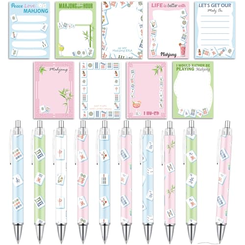 Mahjong Sticky Notes with Pens Gifts - Wxiben 18 Pcs Chinese Mah Jong Ballpoint Pens Notepads Set Funny Jong Lovers Gifts for Women Men Home Office School Decorations Supplies Party Favors - color: Mahjong