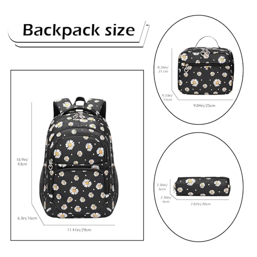 Glodwheat Daisy Printed Backpack For Girls- 3Pc Set With Lunch Box & Pencil Case, Lightweight Water-Resistant Bookbag For Elementary School - color: Black