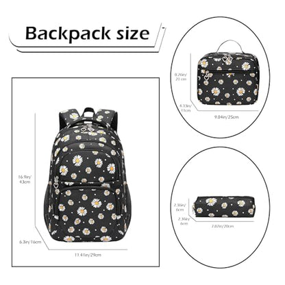Glodwheat Daisy Printed Backpack For Girls- 3Pc Set With Lunch Box & Pencil Case, Lightweight Water-Resistant Bookbag For Elementary School - color: Black