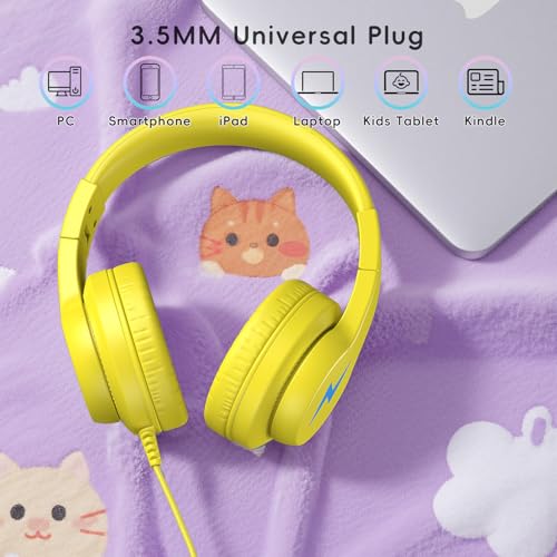 Candy Bila Kids Headphones, Wired Headphones for Kids Over Ear with Microphone, 85/94dB Volume Limiter Headphone for Girls Boys, Foldable Headphone for Learning & Entertainment, Yellow - color: Yellow