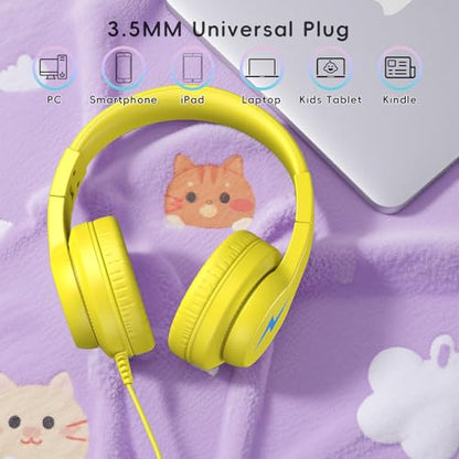 Candy Bila Kids Headphones, Wired Headphones for Kids Over Ear with Microphone, 85/94dB Volume Limiter Headphone for Girls Boys, Foldable Headphone for Learning & Entertainment, Yellow - color: Yellow