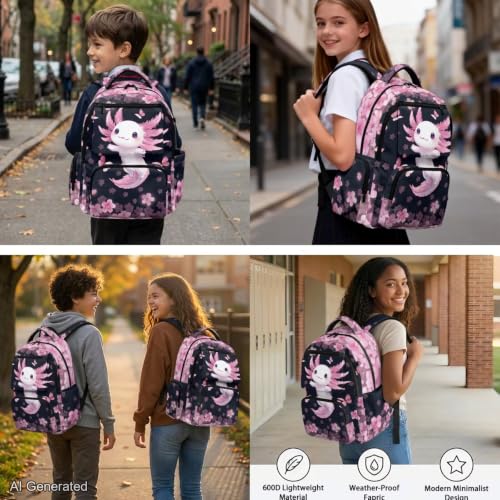Cherry Blossom Backpack Axolotl Backpack for Girls with Lunch Box Water Bottle Holder and Aesthetic Pencil Case 4PCS Set 4th 5th 6th Grade Cute Bookbag 17 inch Kawaii School Bag for Boys - color: Cherry Blossom Axolotl