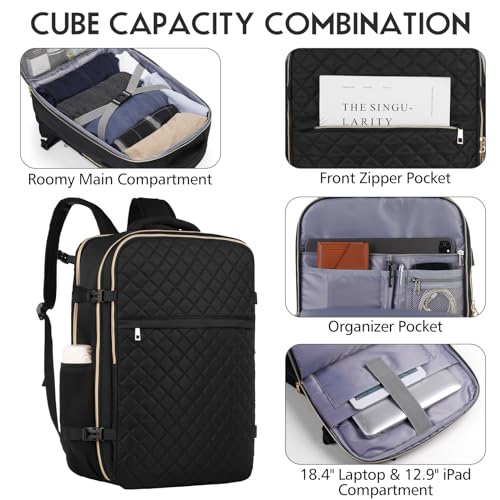 MOMUVO Large Travel Backpack Women, Flight Approved Carry On Backpack with 3 Packing Cubes, Water Resistant Anti-Theft Large Book Bag Fit 18.4 Inch Laptop with USB Charging Port, Black - color: Black-3 Sets, size: 18.4 inch