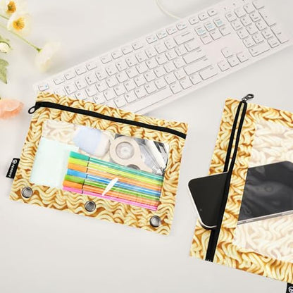 2 Pack 3 Ring Binder Pencil Pouch Ramen Noodles Pencil Case Pencil Bags with Zipper, Clear PVC Binder Pockets for Office Daily Supplies - color: Color 15