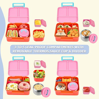 Bento Lunch Box for Kids with Thermo, Leakproof Bento Box with 8oz Insulated Food Jar, Lunch Bag, BPA Free Dishwasher Safe 4 Compartment Container for School Girls Boys (Pink) - color: Pink1