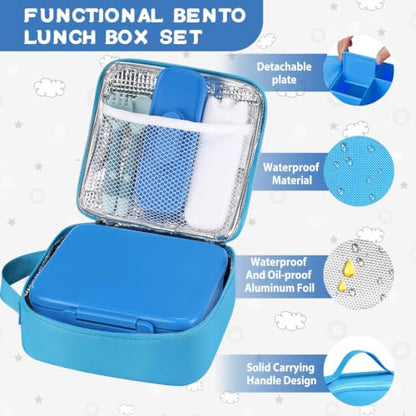 MAISON HUIS Bento Lunch Box with 8oz Soup Thermo, 5-Compartment Leak-Proof Container, Thermo Hot Food Jar and Insulated Lunch Bag, BPA Free,Travel, School (Blue) - color: Blue1