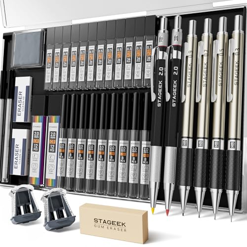 STAGEEK Mechanical Pencil Set with Case 37 Count, Drawing Pencils 0.3, 0.5, 0.7, 0.9MM & 2PCS 2MM Sketching Pencils with 492PCS Lead Refills (6B 4B 2B HB 2H 4H Color) for Artist Drafting Drawing - style: 0.3, 0.5, 0.7, 0.9, 2MM