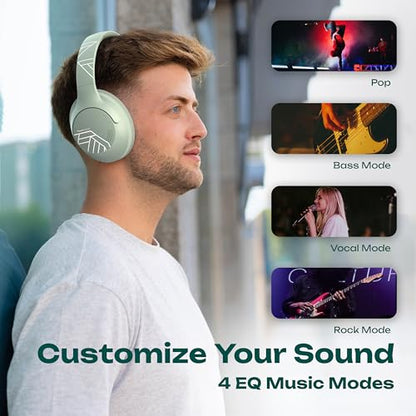 PowerLocus Bluetooth Headphones Over Ear, 50H Playtime with 4 EQ Modes Wireless Headphones with Microphone, HiFi Stereo Deep Bass, Soft Ear Cups, Foldable Lightweight Headset for Travel/Office/Workout - color: Mint