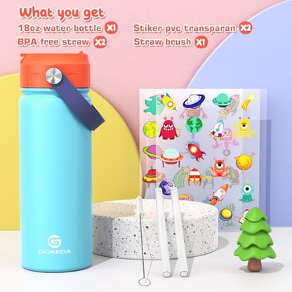 GoKEDA 18oz Kids Water Bottle, Stainless Steel Straw Cup | DIY Stickers, BPA-Free, 316 Stainless Steel, Keeps Cold 24h, Leak-proof, Dust-Proof Lid, Sturdy, School, Gifts - color: Orange Blue