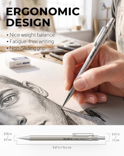 Nicpro 4 Pack Mechanical Pencil 0.7mm with Case, MB1000 Metal Mechanical Pencil Set with 6 Tube HB #2 Lead Refill 0.7 mm, 3PCS 4B Eraser, 9 Cap Eraser for Artist Drafting Writing, Sketching, Drawing - style: 4 Pack （0.7mm）